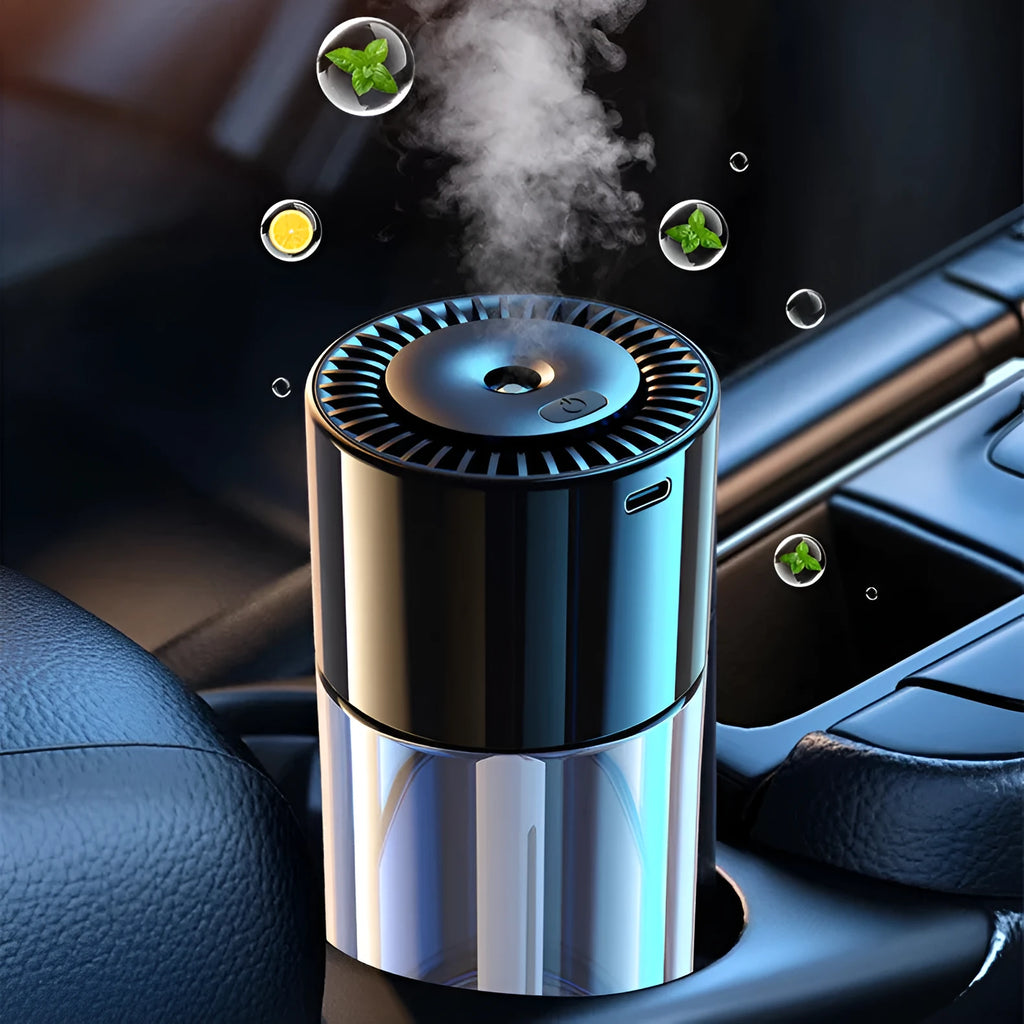 USB plug-in spray perfume humidifier with glass perfume seat in compact cylindrical design