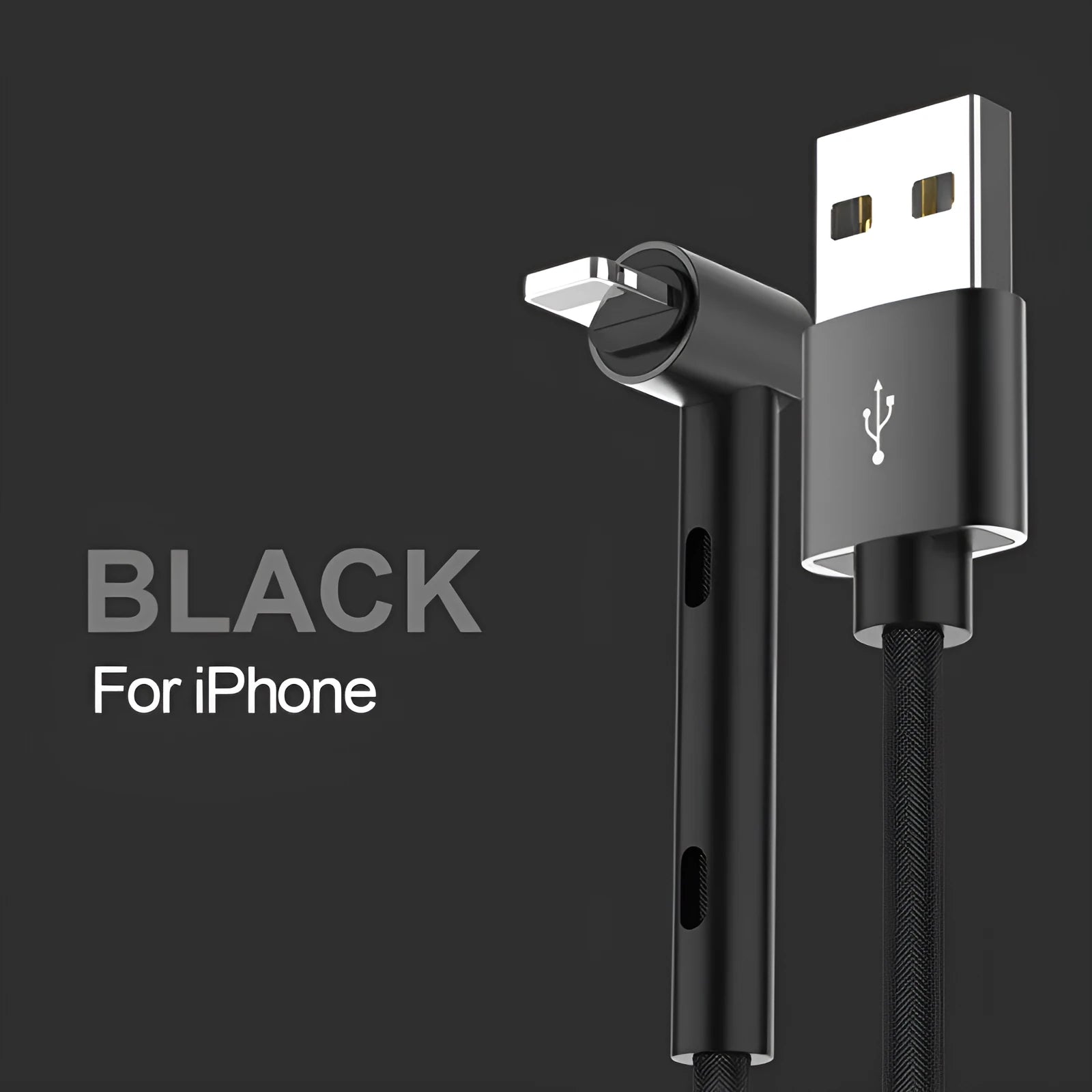 Curved phone charging cable with bracket function in black, 1.2m length, for Apple and Type-C devices
