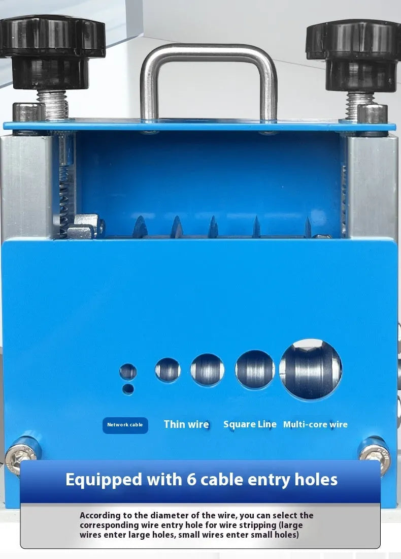 SD-017 manual wire stripping machine tool on a workbench, showing adjustable mechanism and compact 154mm steel body.
