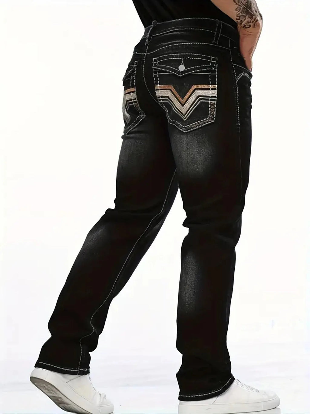 Stretch slim fit black men's cotton denim trousers with straight leg and mid waist