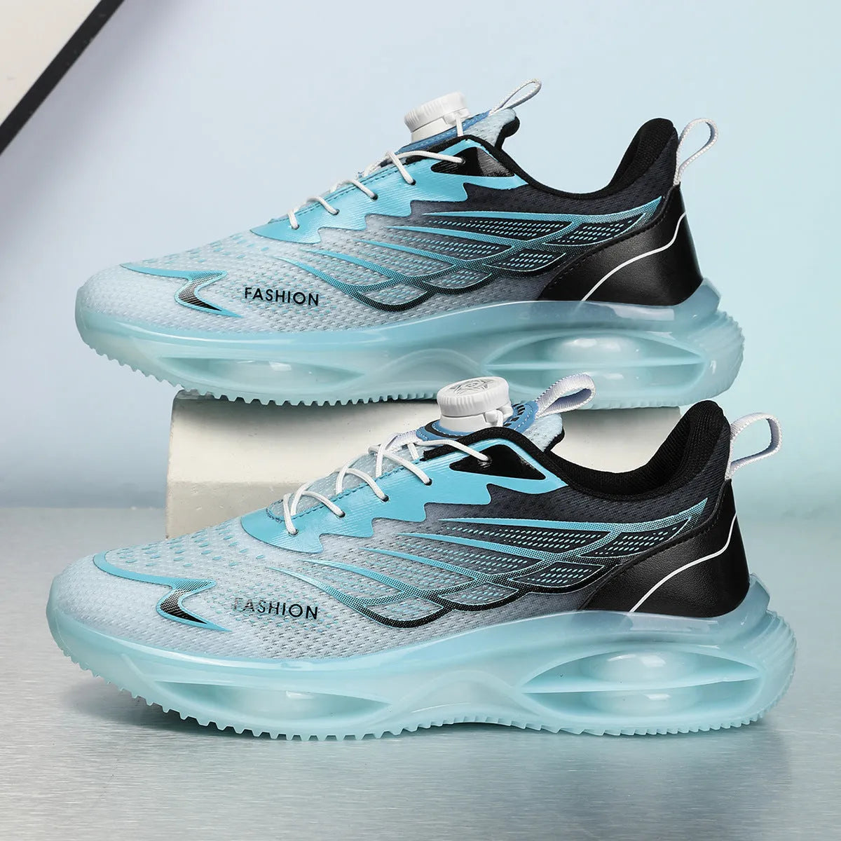 Casual low top running shoes in sky blue with a PU mesh upper and rubber sole.