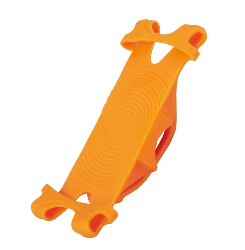 Silicone bicycle phone holder mounted on handlebar with three adjustment holes visible