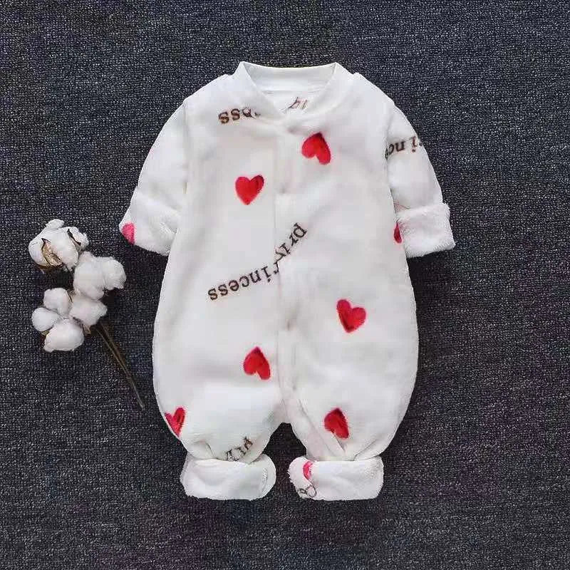 Long sleeve baby onesie romper in thicker flannel fabric with panda print design