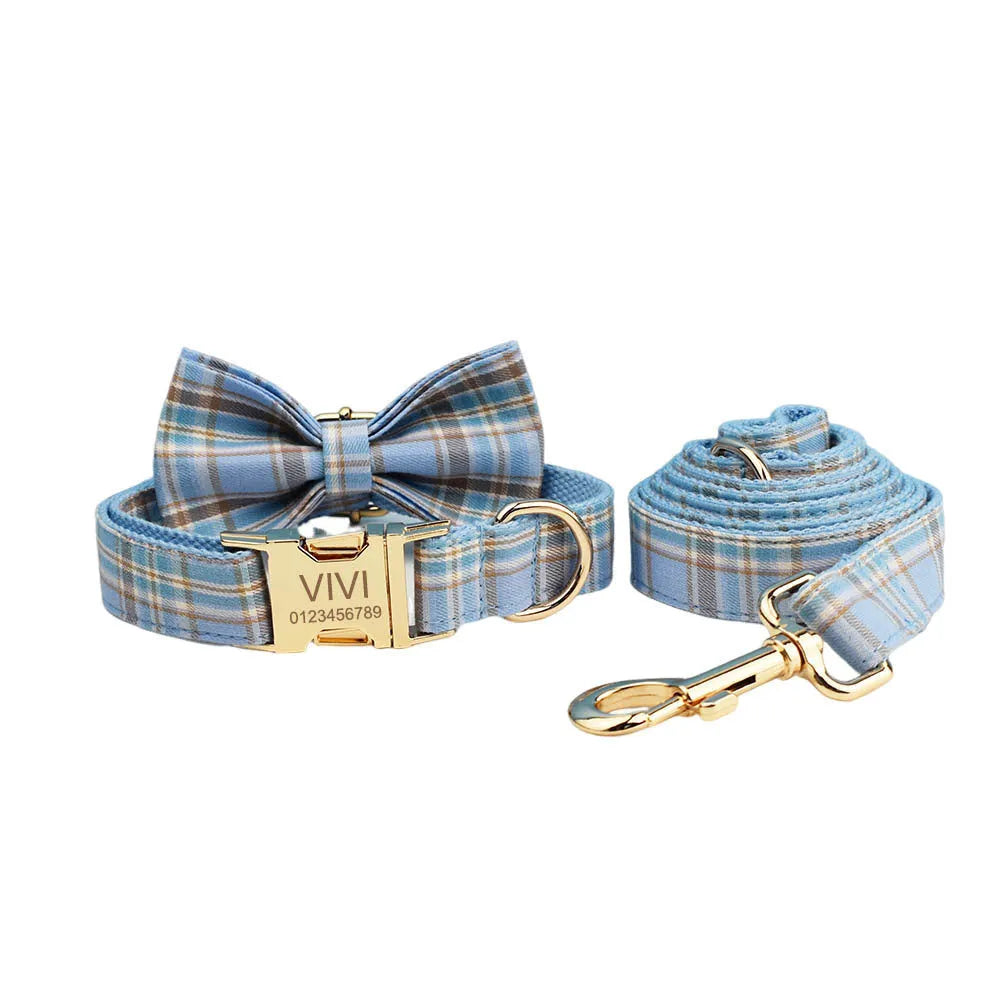 Sky blue grid pattern dog collar and leash set with matching bow and vest accessories