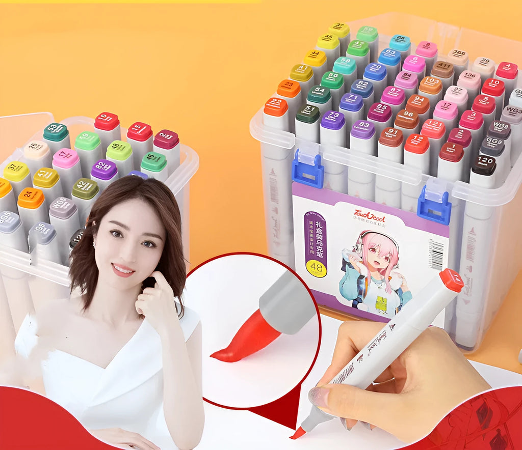 48 colourful oily soft-tip markers with square barrels arranged in set for hand-painted design projects