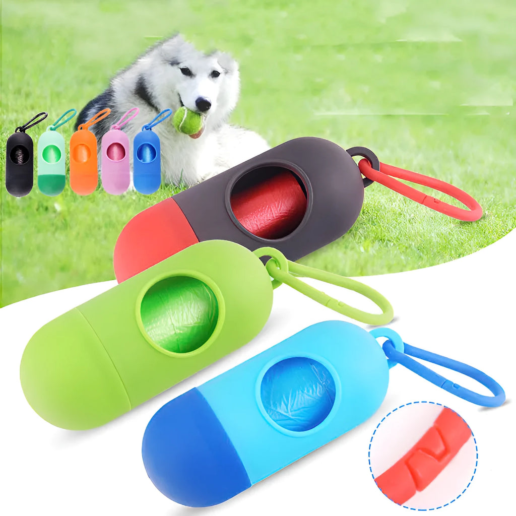 Black dog waste bag holder with Velcro strap and metal hook, showing bag dispenser slot.
