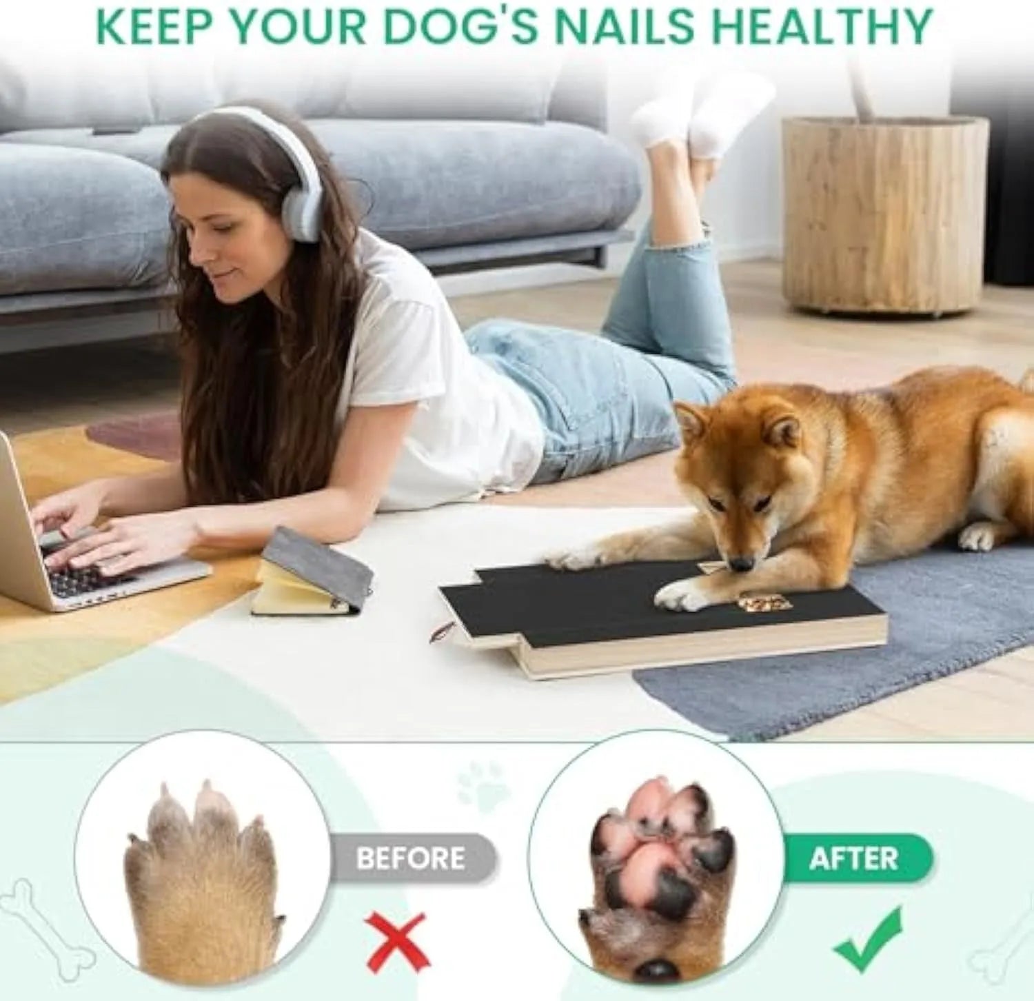 Wooden dog nail scratch board with treat drawer and non-slip pads on floor