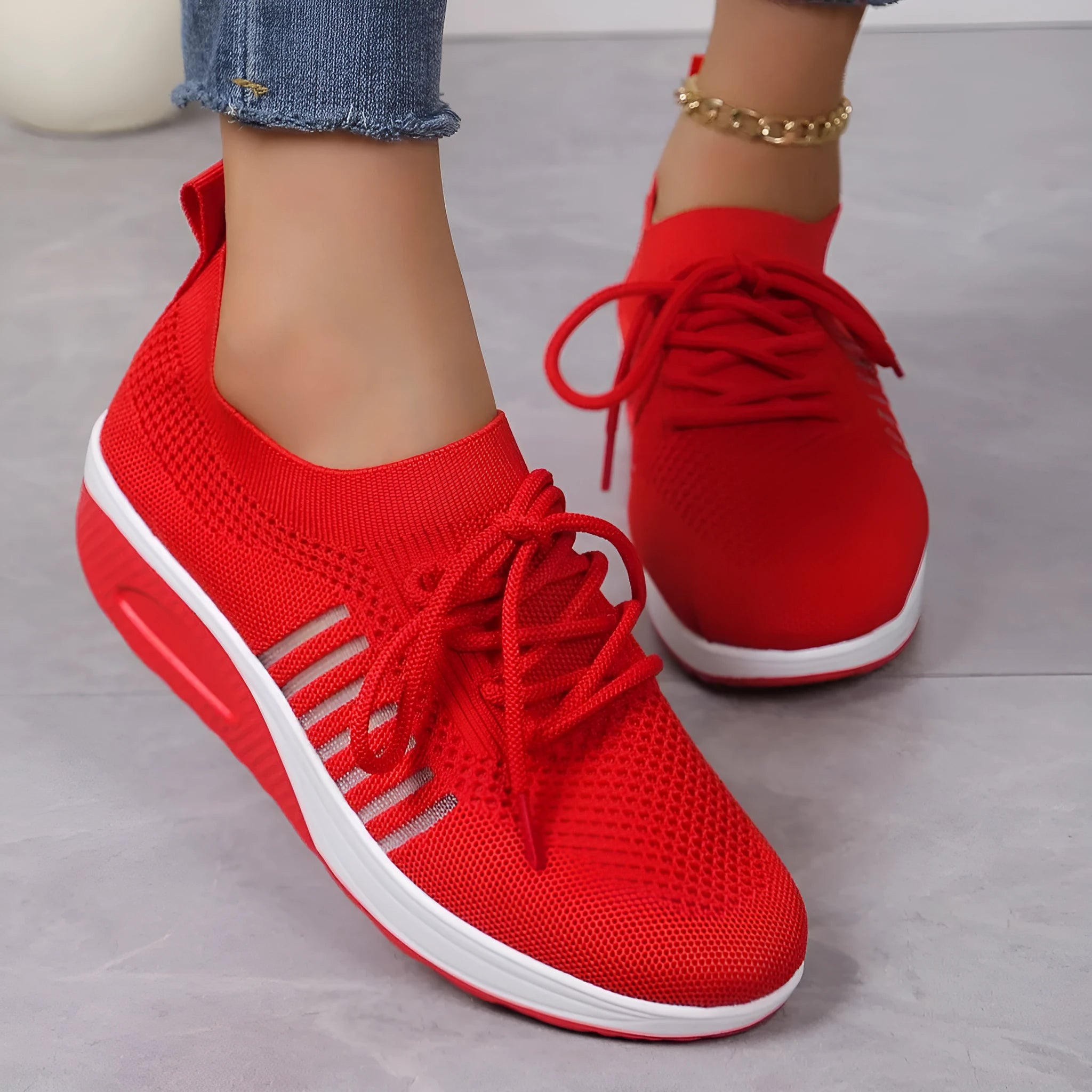 Women's lace-up flat shoes with mesh upper and platform heel in black, dark blue, or red colour options