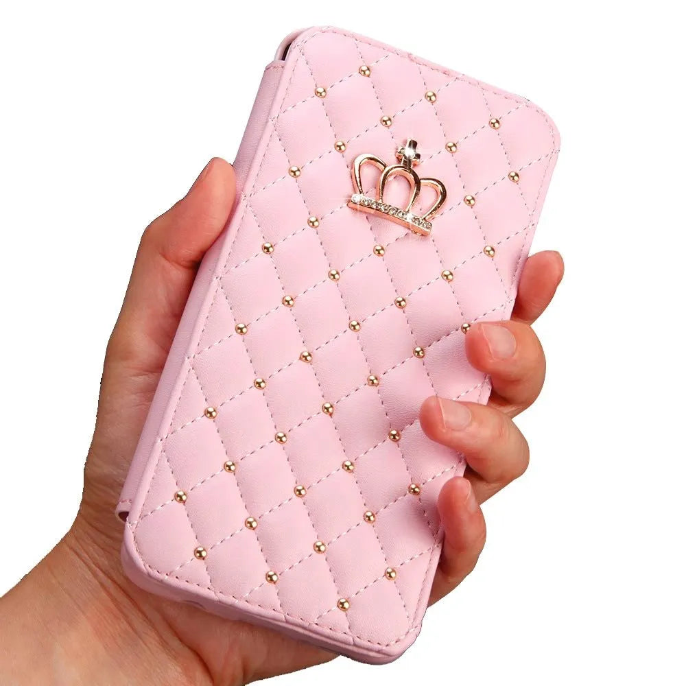 Crown card leather flip case for Samsung in black, pink, white or rose red, with PU outer and TPU inner shell.