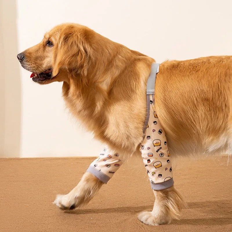 Adjustable dog knee protector sleeve with elbow padding and matching scarf in blue, grey or yellow colours