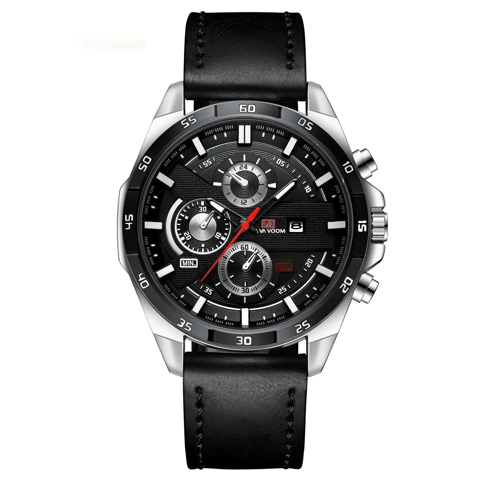 Men's casual watch with brown leather strap, white dial, rose gold case, and day-date window.