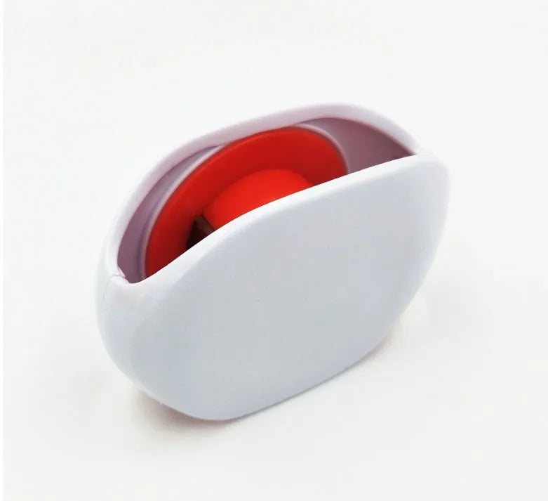 Automatic earphone cable winder showing white, blue, and black units with cable retracted into 72mm storage box.