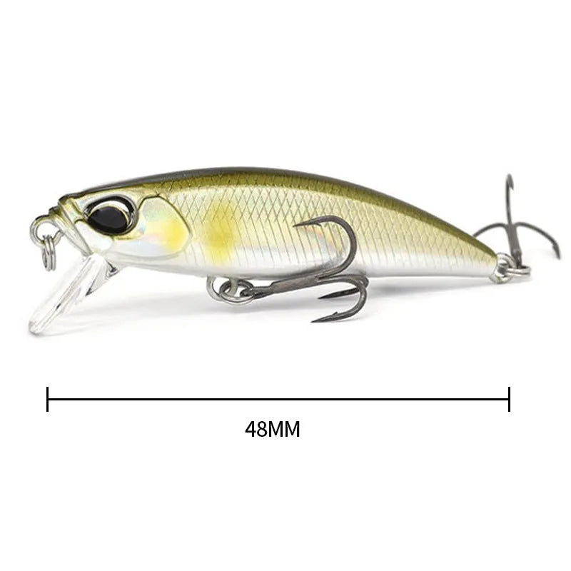 Tossing Japanese Submerged Mino hard fishing lure in multiple colours, showing 48mm size and detailed minnow shape.