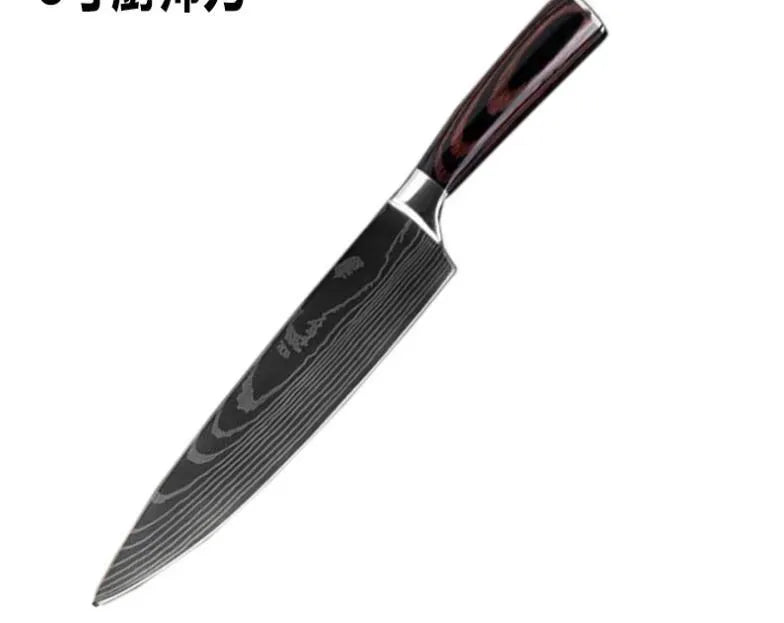 Carpenter's Special kitchen knife with laser Damascus pattern blade and coloured wood handle