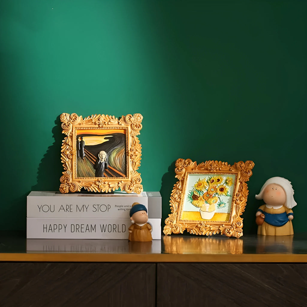 DIY filled oil painting craft kit with epoxy clay base, acrylic paints, and brushes for creating textured Van Gogh or Monet art reproductions.