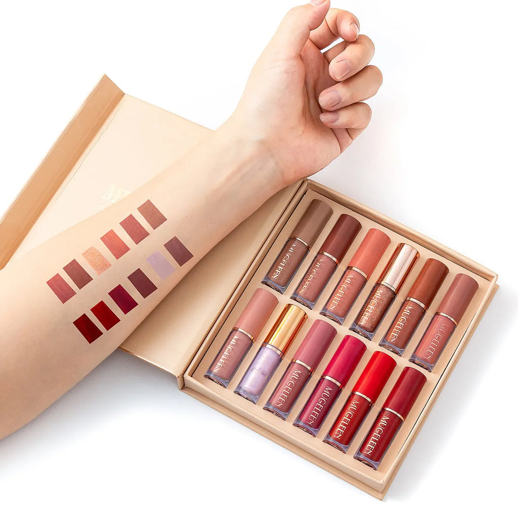 Matte shimmer lip glaze 12-piece set with non-stick cup formula showing twelve coordinated lipstick shades