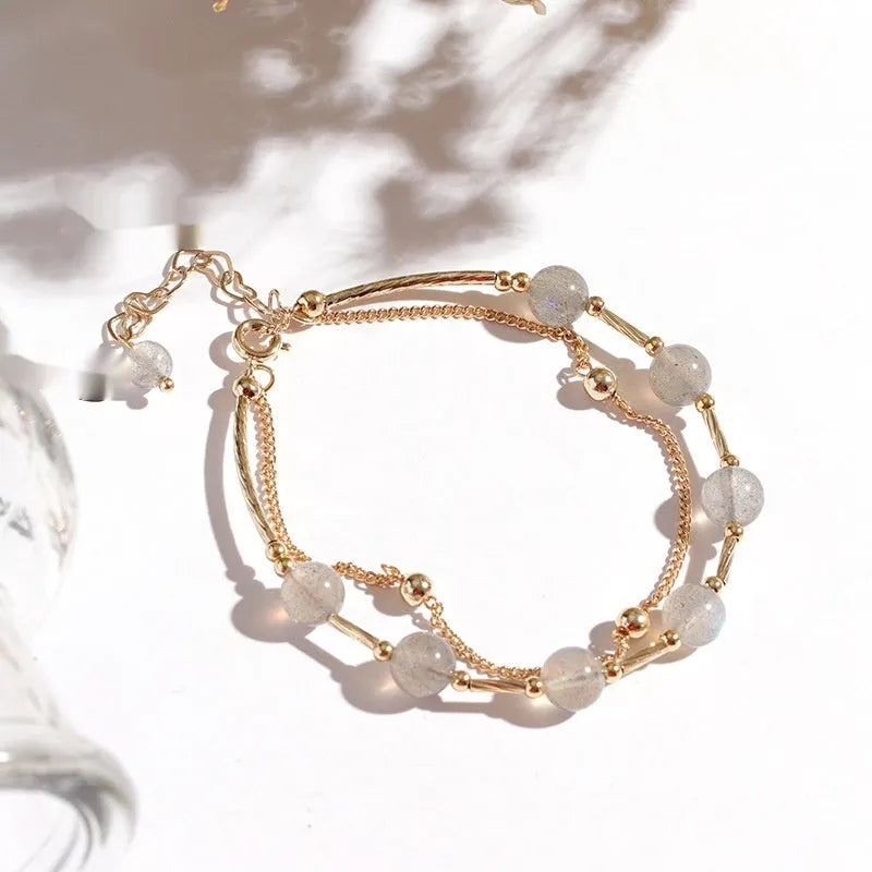Double layer crystal bracelet with moonlight copper tube design and electroplated finish