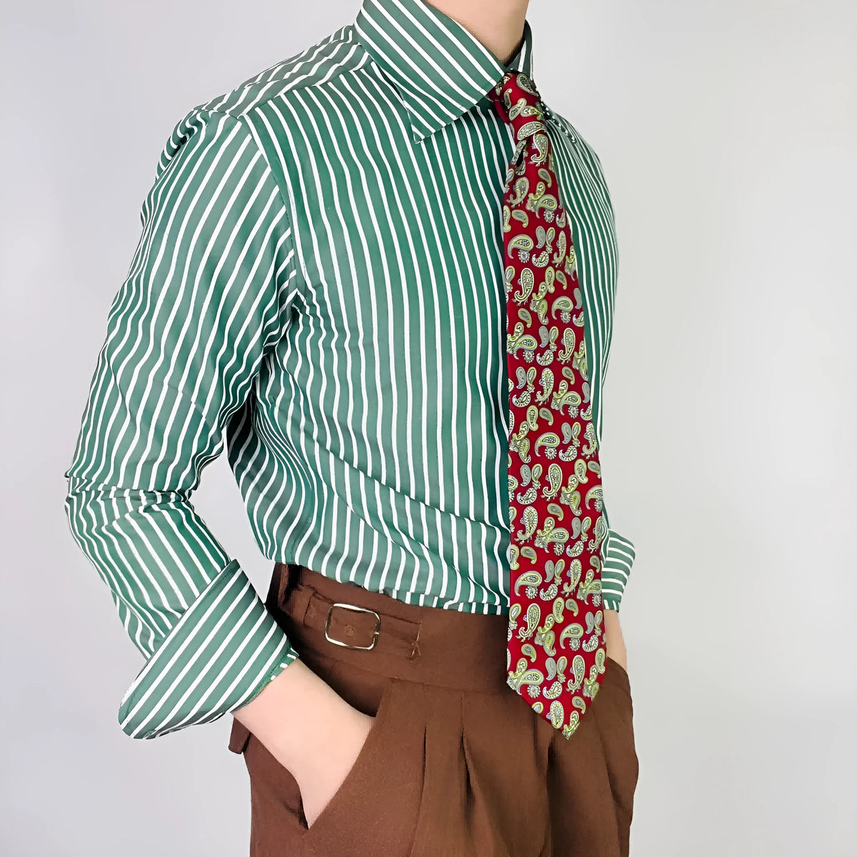 Men's green striped long sleeve shirt, cotton blend, regular fit, non-ironing, cardigan style