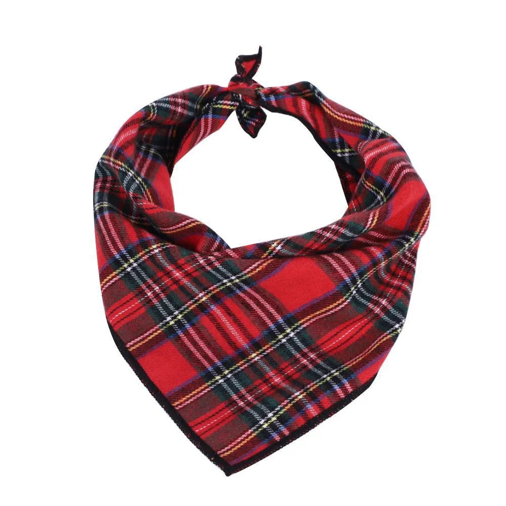 Red plaid triangle pet towel with tie-on bandana on a small dog, 60x45cm size, Christmas decoration