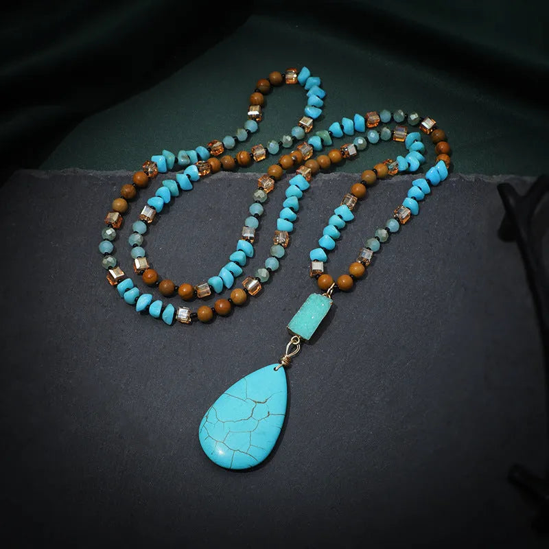 Blue turquoise pendant necklace with mixed gem inlay on ball bead chain