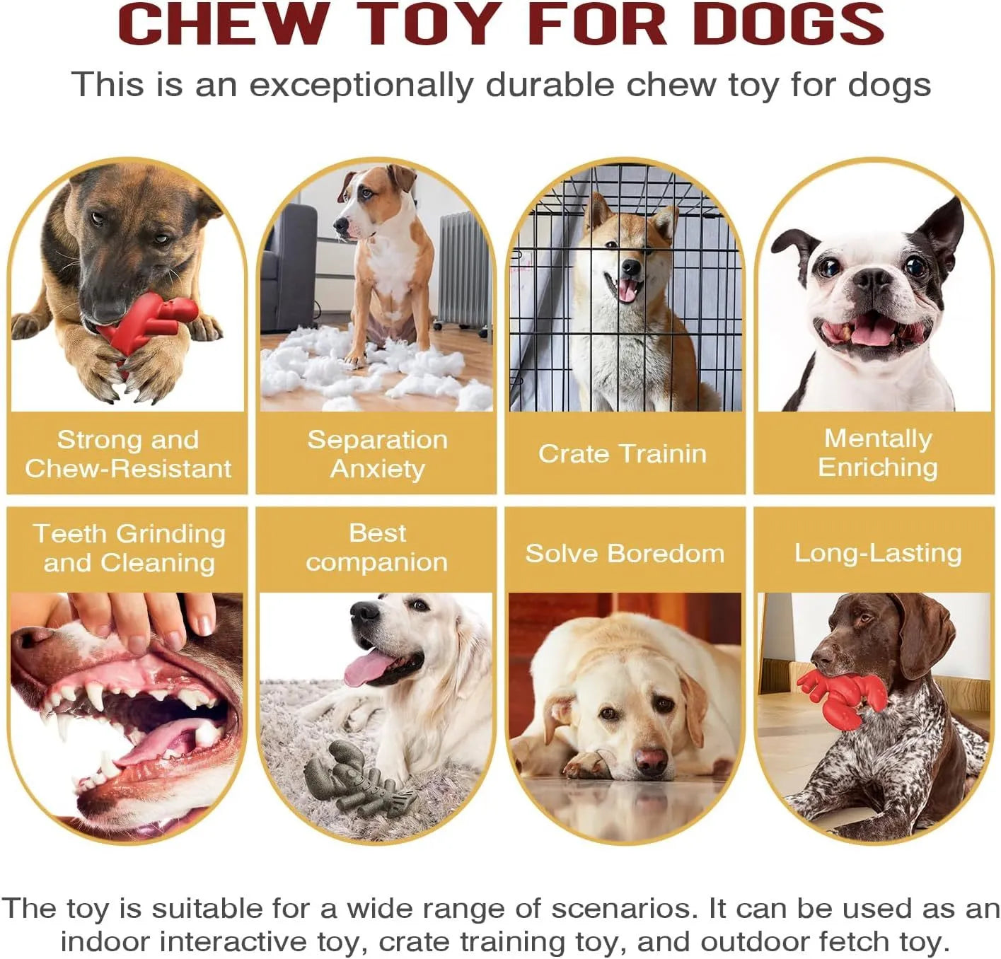 Red nylon chew toy for large dogs measuring 170mm long with dimensions for aggressive chewers