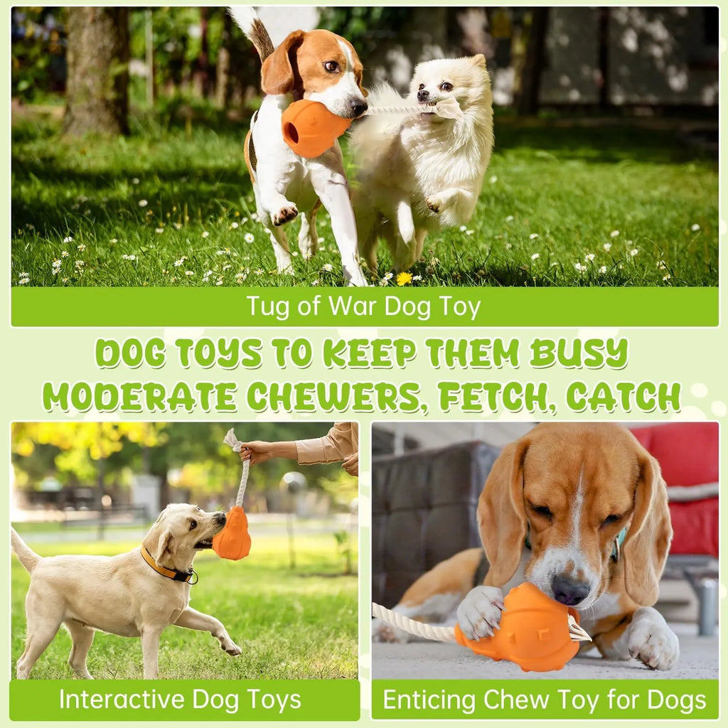Natural rubber stuffable dog toy for small dogs, shown with a longer strap for fetching and tugging.