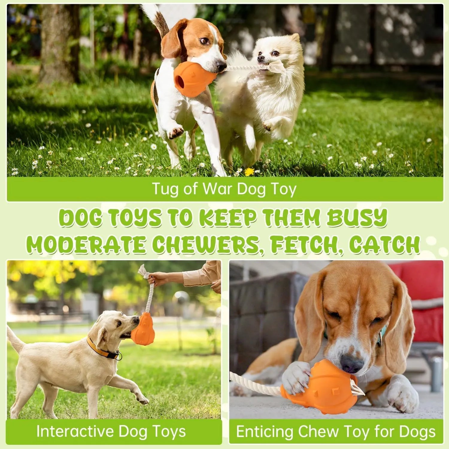 Natural rubber stuffable dog toy for small dogs, shown with a longer strap for fetching and tugging.