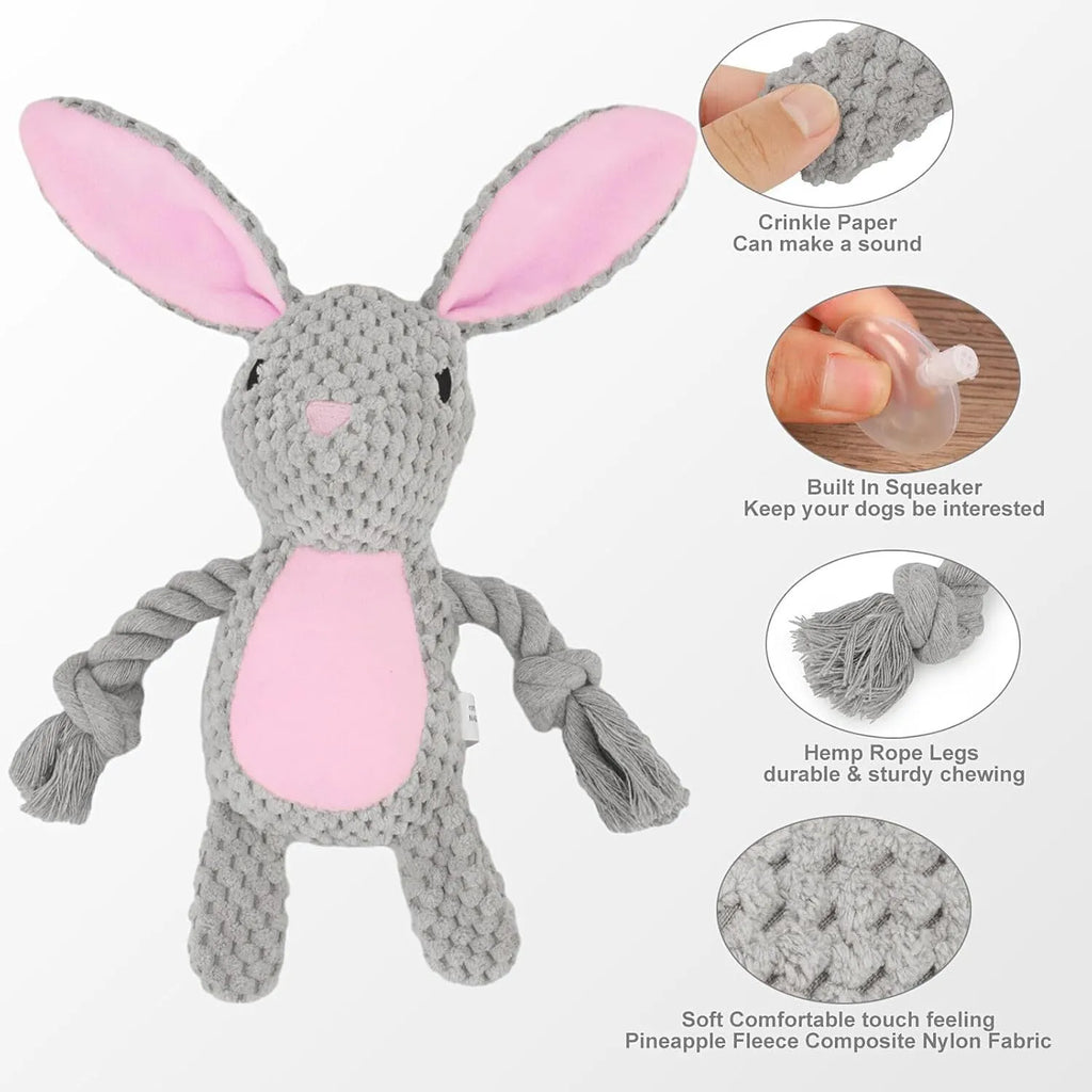 Plush animal dog toy with cotton rope, shown in elephant, fox, monkey, pig, and rabbit designs.