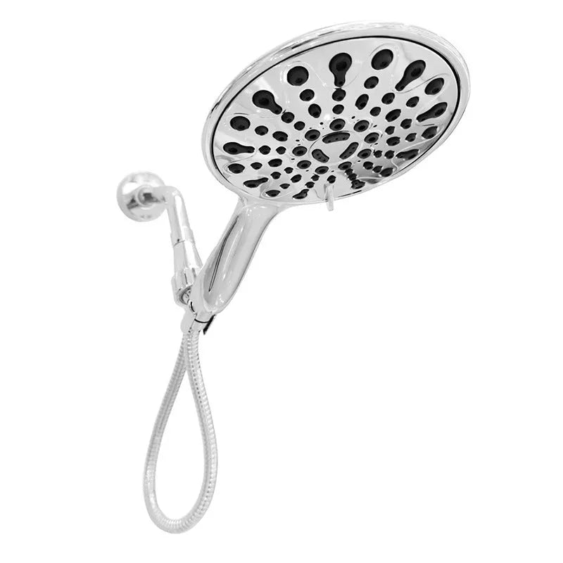 A 6-inch handheld shower head with an electroplated finish, showing its six-function dial.