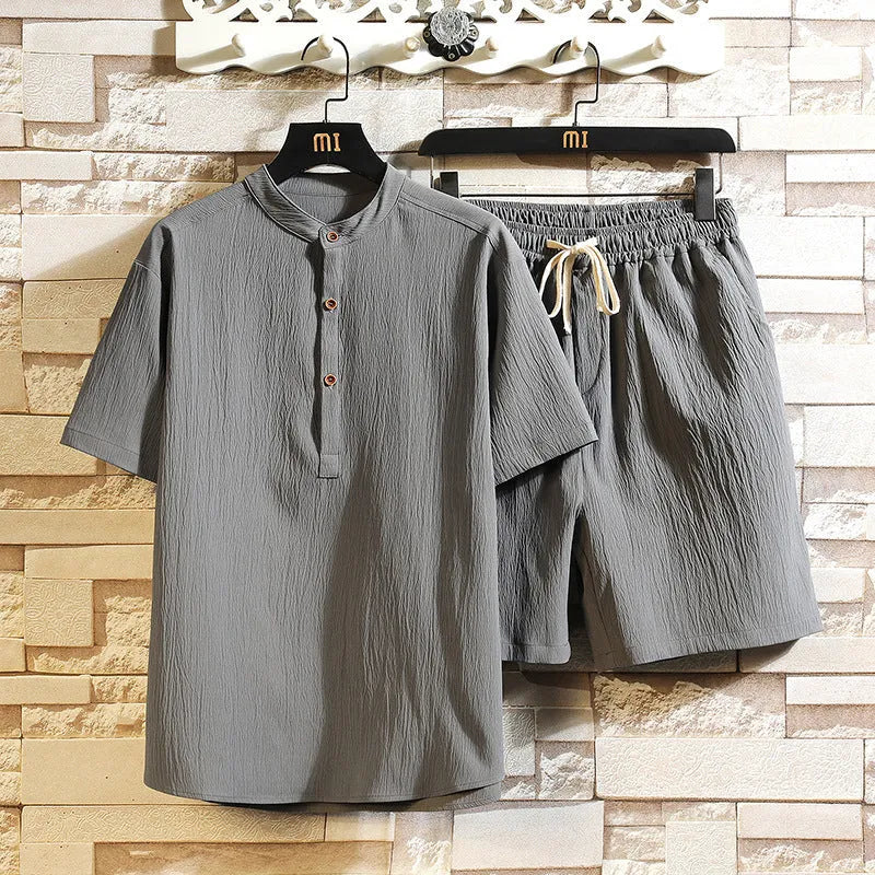 Chinese style two-piece suit with stand collar and short sleeves in a relaxed fit for summer leisure wear