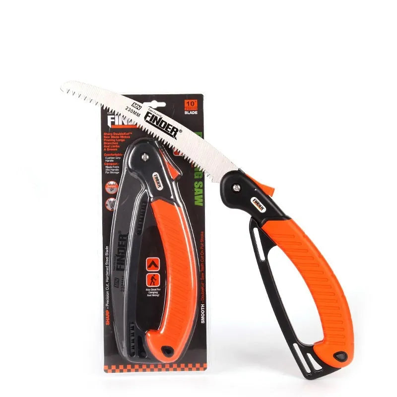 A folding garden hand saw with a 230mm steel blade and black TPR grip, shown both open and closed.