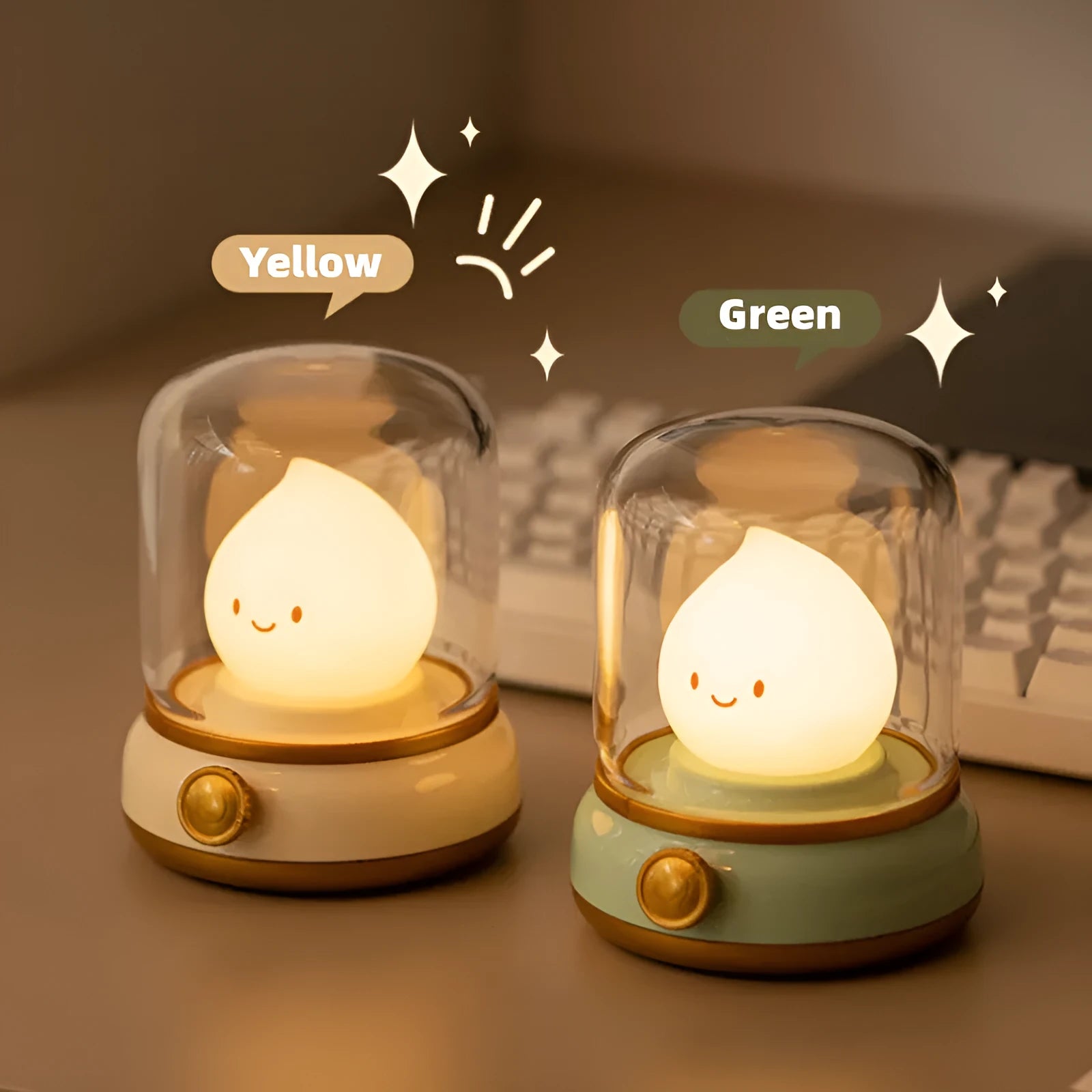 Green retro USB rechargeable desk lamp with adjustable knob on wooden table