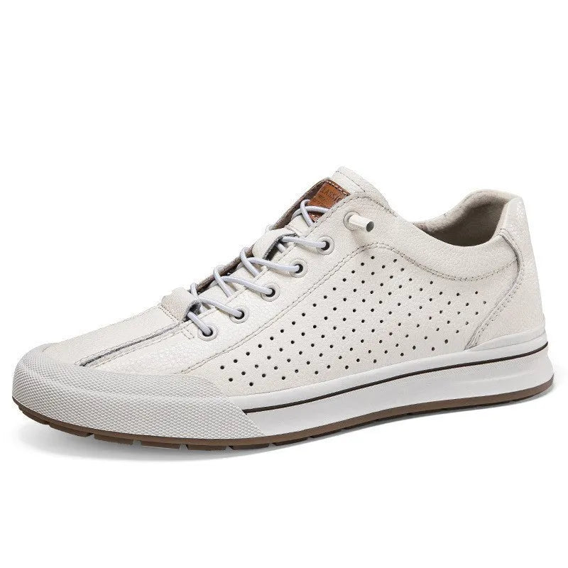 Men's white matte leather flat heel shoes with round toe and 6CM construction