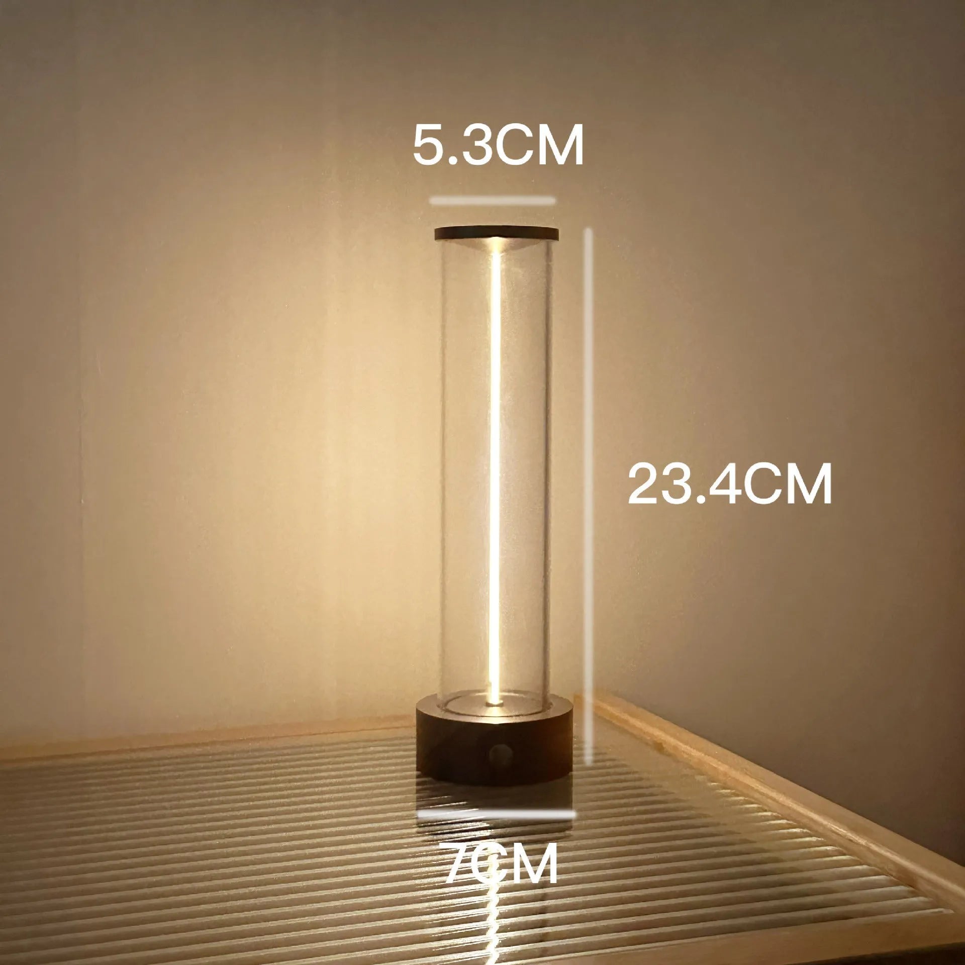 Modern USB-charged LED glass night light with magnetic base, dimensions 53mm by 234mm.