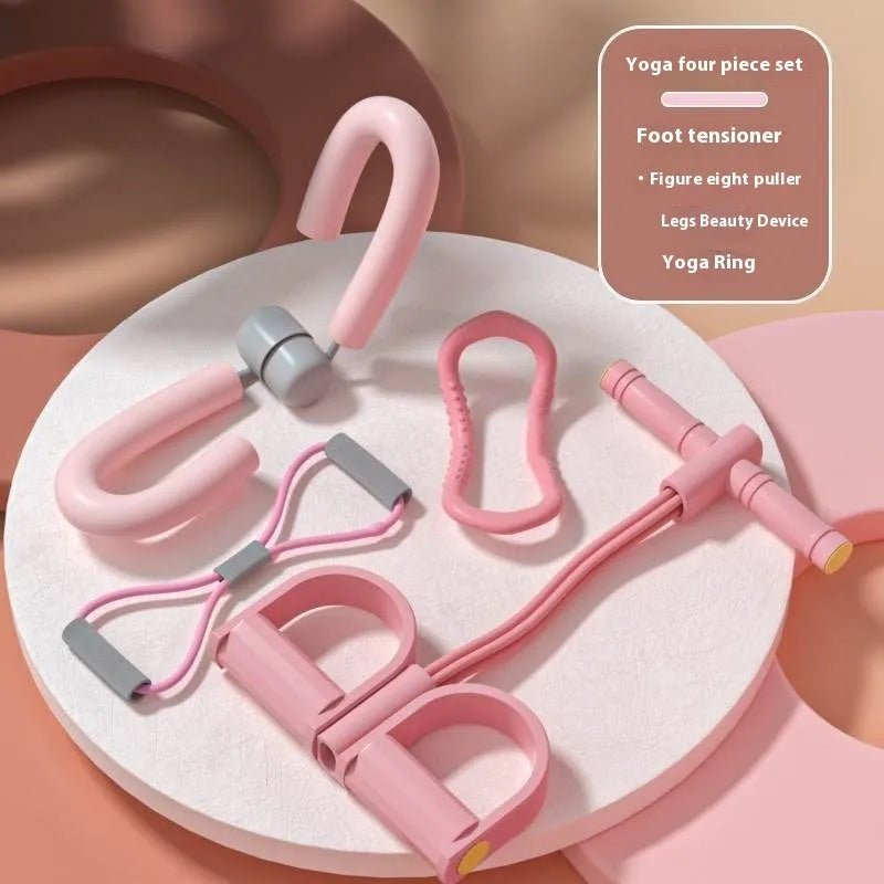 Yoga four-piece fitness set with leg stretcher, ring, pedal device, and tension rope.