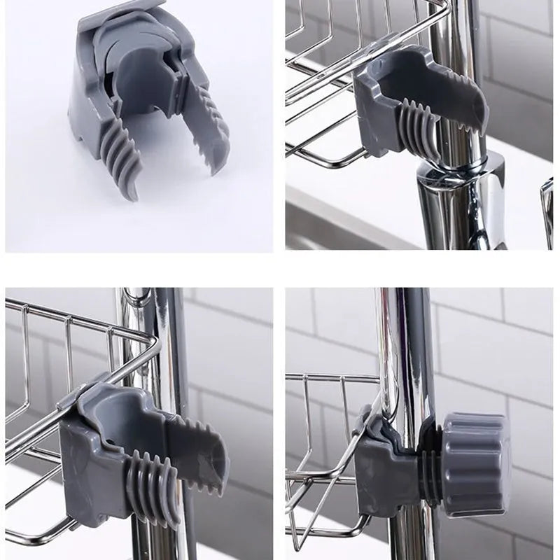 Adjustable stainless steel sink drain rack clipped onto a kitchen faucet with sponge and soap stored on the removable holder