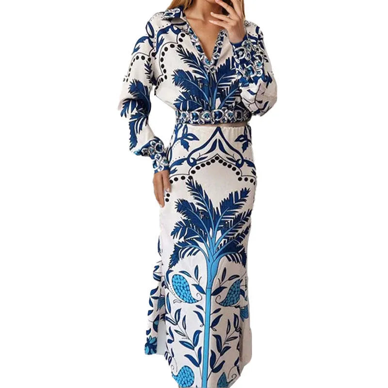 Women's early spring casual fashion set with long sleeve top and long skirt in picture colour.