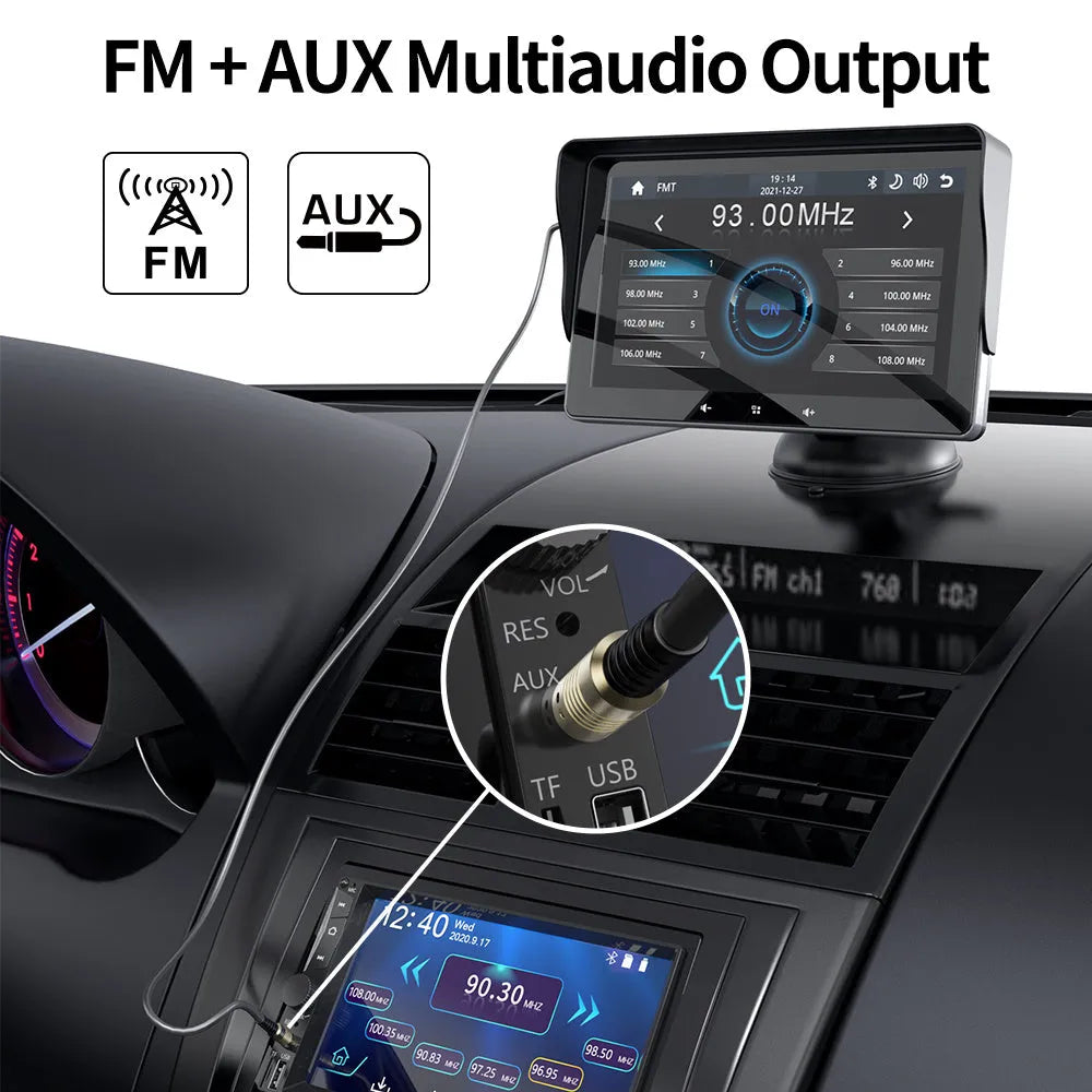 7-inch wireless CarPlay display unit with suction cup mount on a car dashboard