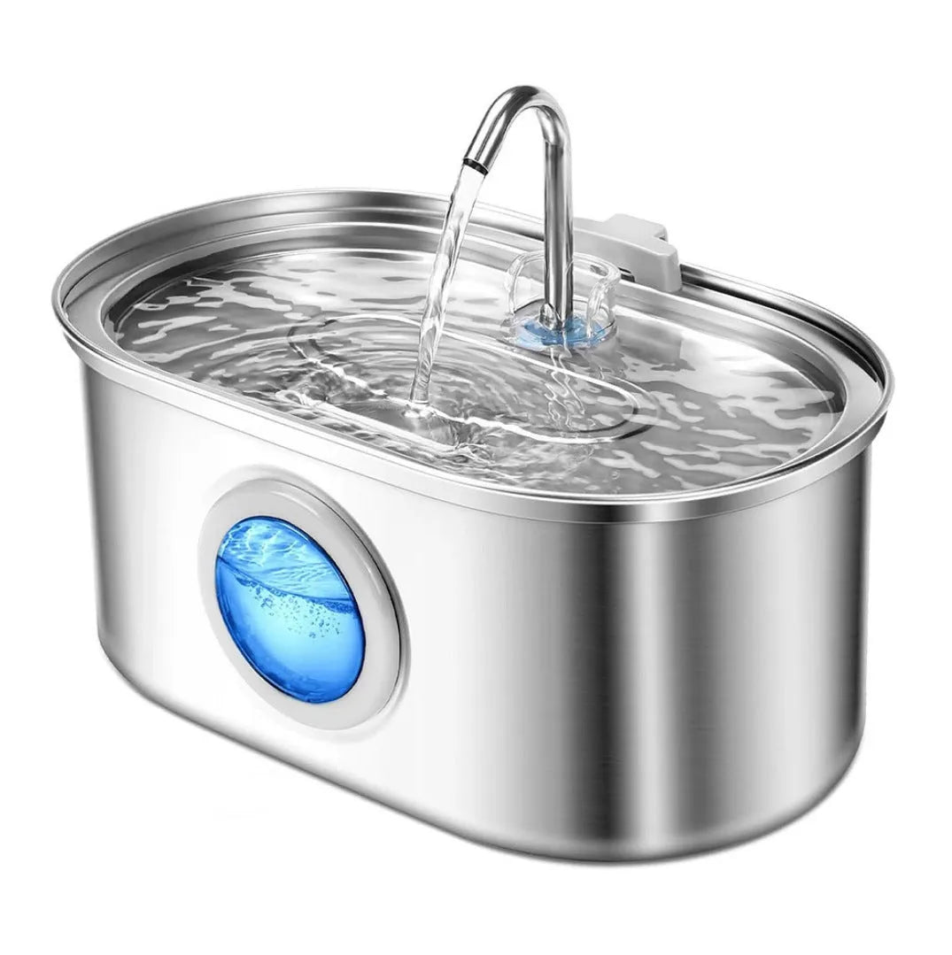 Stainless steel pet water dispenser with round basin and window faucet for dogs and cats.