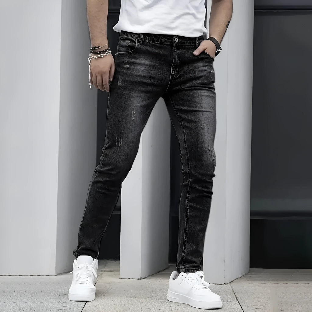 Men's straight leg stretch jeans in black, dark blue, and gray colours with skinny open leg style