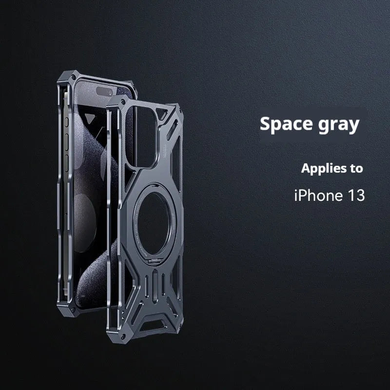 M10 aluminum alloy phone case with 360° rotating bracket in deep space gray for iPhone 16 Pro Max