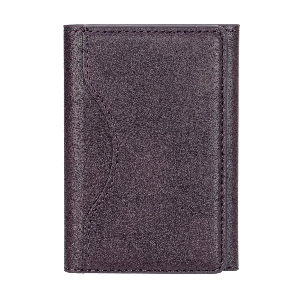 Leather tri-fold magnetic wallet card holder in purple, green, blue, black for Apple phones with bracket and anti-fall feature.