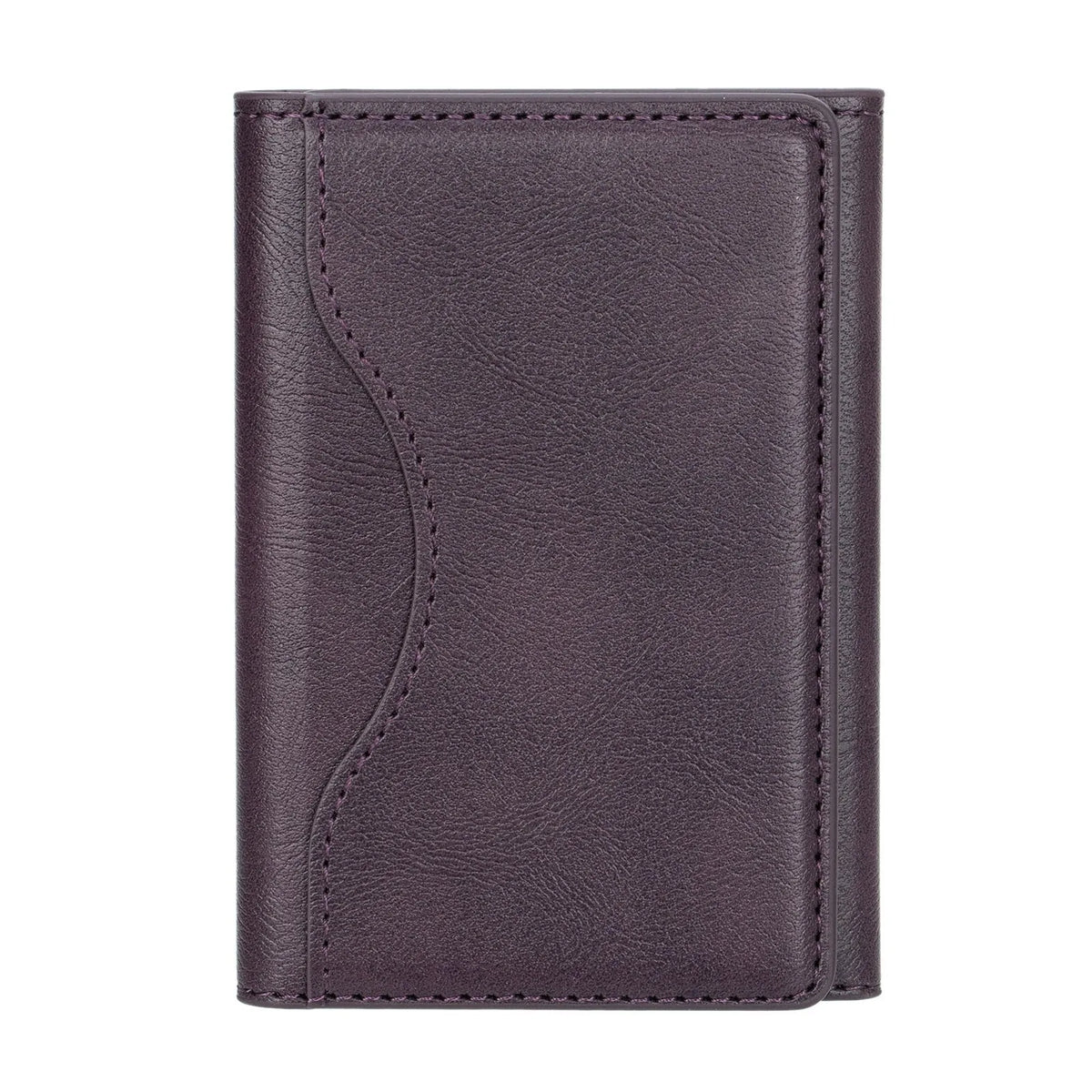Leather tri-fold magnetic wallet card holder in purple, green, blue, black for Apple phones with bracket and anti-fall feature.