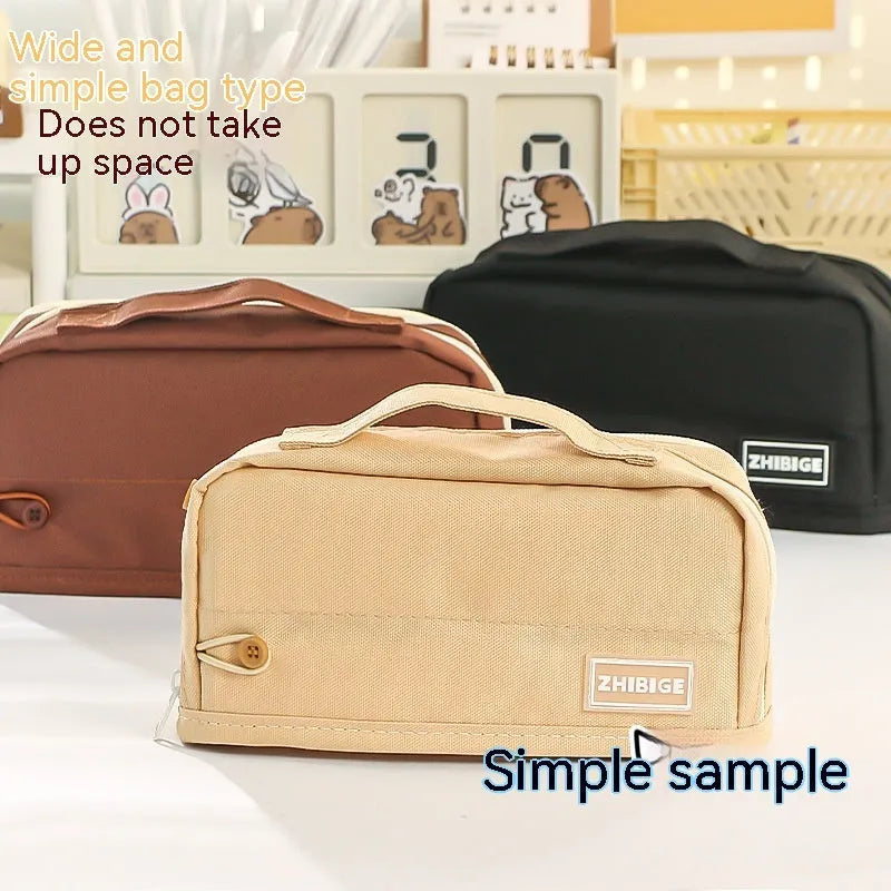 Double-sided woven fabric student pencil bag in light brown, dark coffee, green, or black