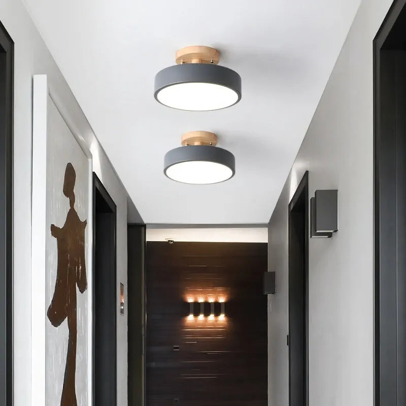 Nordic minimalist ceiling light with wood art body and acrylic shade in Grey, Green, Log, Pink, or White, 20cm to 30cm