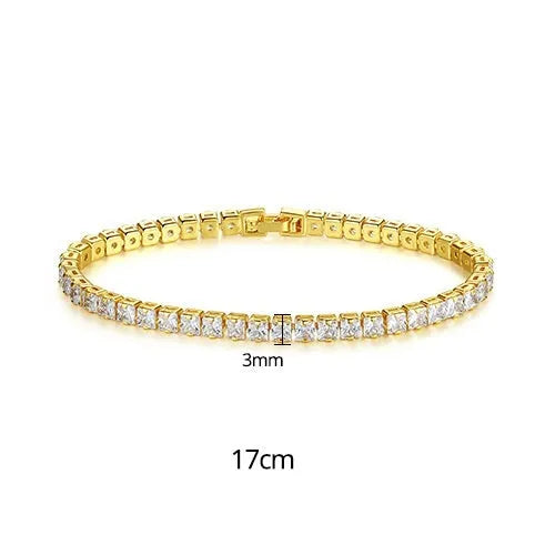 Women's copper tennis bracelet with geometric open-work design and cubic zirconia in gold finish on a light background
