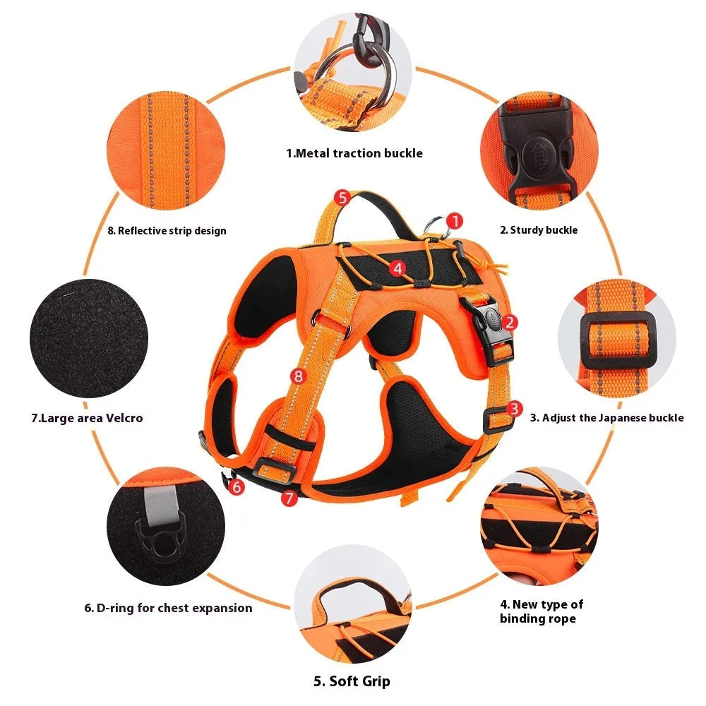 Orange reflective dog harness vest with explosion-proof hand-holding rope on a model dog