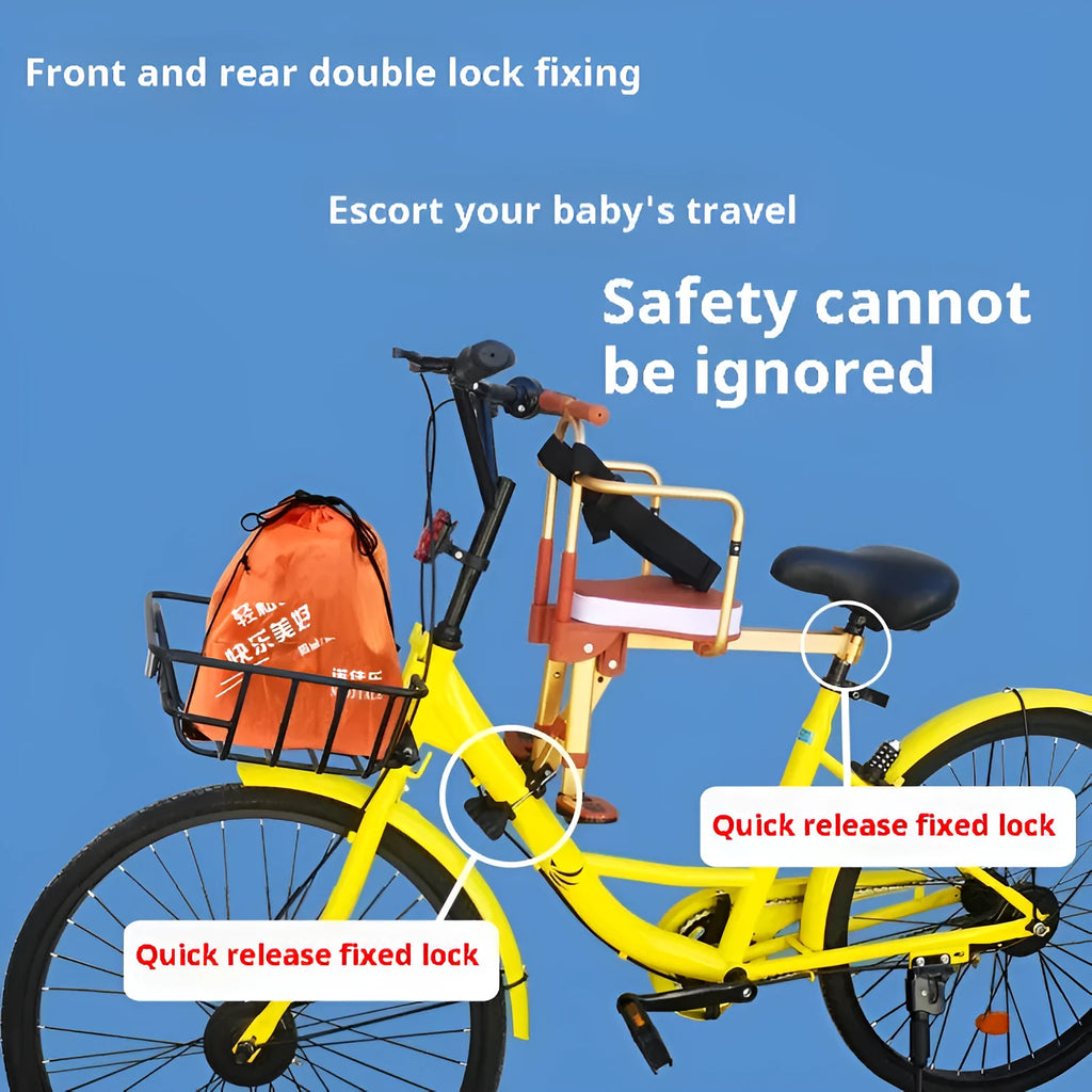 Aluminum alloy front folding child bicycle seat in yellow with armrest on a bike