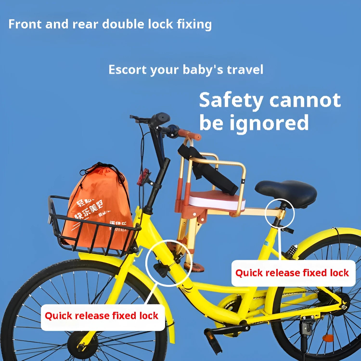 Aluminum alloy front folding child bicycle seat in yellow with armrest on a bike