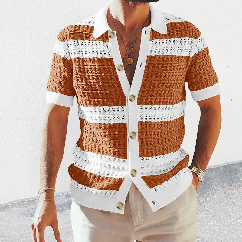 Men's knitted polo neck cardigan short sleeve hollow breathable slim fit in grey